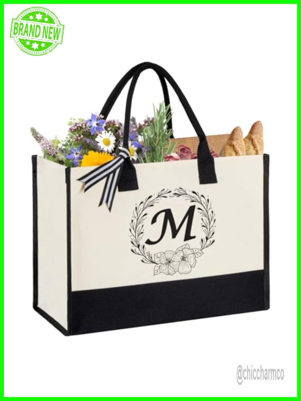 Personalized Initial Canvas Tote Bag Large Beach Bag for Women